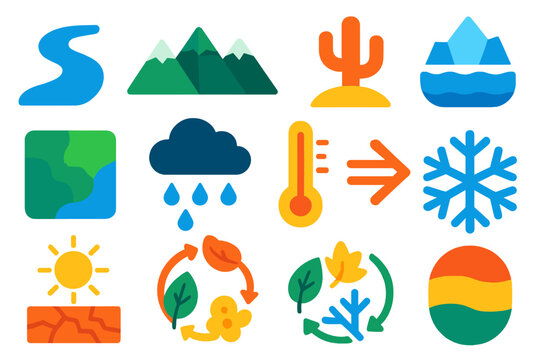 Continental Climate Icons. Flat vector icons of continental climate indicators: river icon, mountain range, desert symbol, glacier