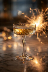Crystal coupe with champagne liquid and gentle sparkler glow