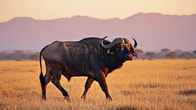 Majestic cape buffalo stands strong in the golden light of an african savannah sunset