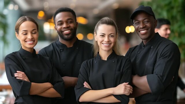 Confident multi-ethnic restaurant staff team standing together in professional uniforms, diverse hospitality workers united, modern dining establishment, defocused interior, with c