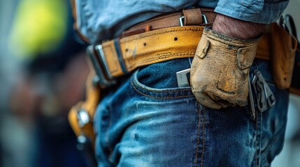 Worker with a utility belt and gloves, carrying tools on a construction site