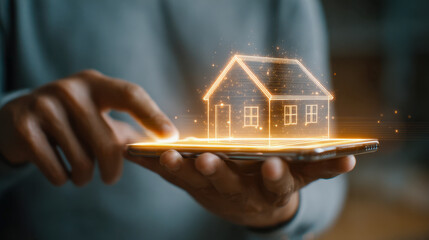 Person holding smartphone with glowing futuristic hologram house projection representing digital real estate technology and smart home innovation concept