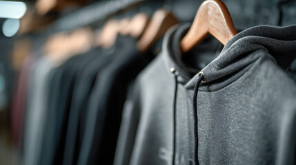 Stylish gray hooded sweatshirt hanging on wooden hanger among a row of dark casual jackets in a modern retail clothing store interior setting
