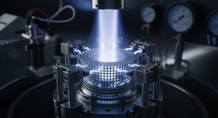 Fototapeta premium Highresolution detail of ion thruster electrode assembly firing within a simulated space vacuum chamber highlighting propulsion design.