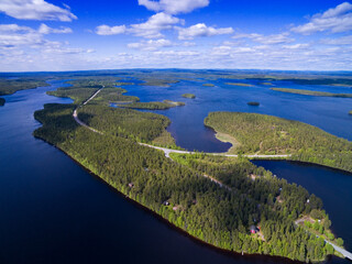 Aerial view of islands and eskers on Vuoma lake north of Kuusamo, Finland