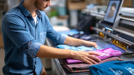 Custom t-shirt heat transfer printing process for personalized apparel merchandise, textile printing equipment in action, creative fashion production, with copy space