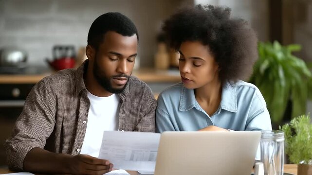 Faceless couple diligently creating family budget surrounded by paperwork and bills, focused on laptop screen, financial planning at home, with copy space