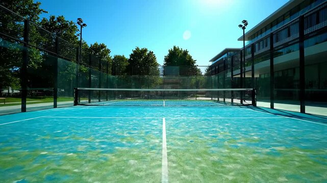 A creative stop motion animation of an outdoor padel court with rackets and balls appearing and disappearing
