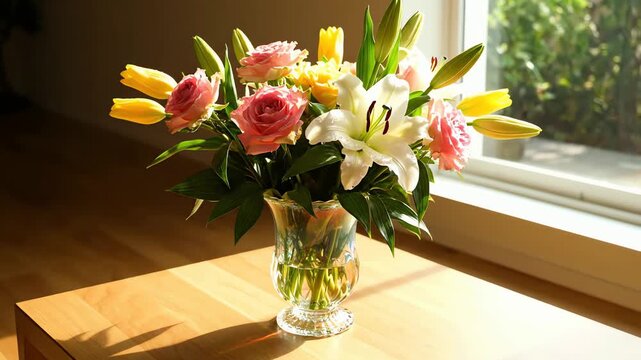 A beautiful sunlit bouquet of colorful spring flowers in a glass vase on a wooden table by a window