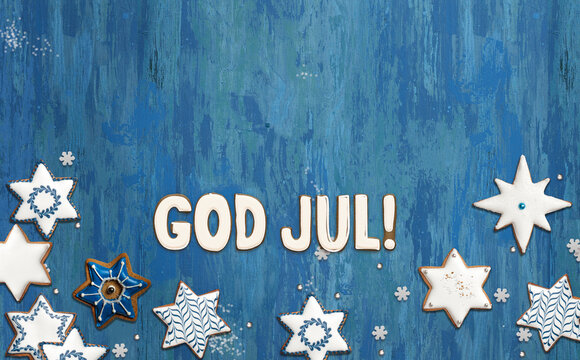 Festive "God Jul!" - Merry Christmas Greeting in Swedish and Norwegian made with Gingerbread Cookies Letters	