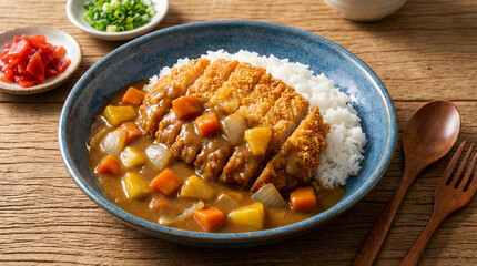 Japanese chicken katsu curry rice dish with pickled shallots side dish on wooden table