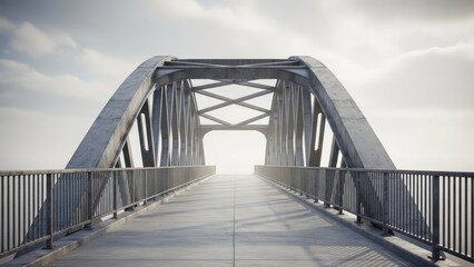 Obraz premium A massive concrete bridge with metal railings stretches into a misty sky, creating a dramatic and architectural scene.