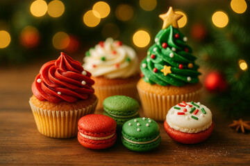  Festive Christmas Cupcakes and Macarons on Wooden Table