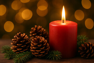 Red Christmas Candle with Pinecones and Warm Bokeh Lights