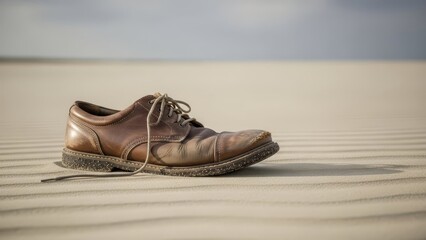 Naklejka premium A worn leather shoe resting on rippled sand dunes, casting a shadow under a bright sky.