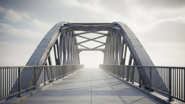 A massive concrete bridge with metal railings stretches into a misty sky, creating a dramatic and architectural scene.