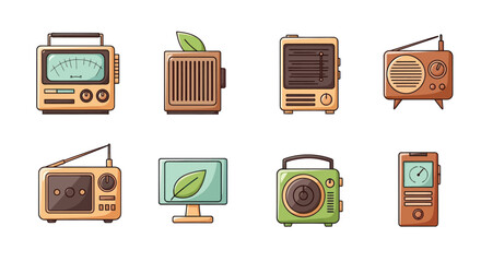 Collection of electronic devices radios speakers and monitors in vector style