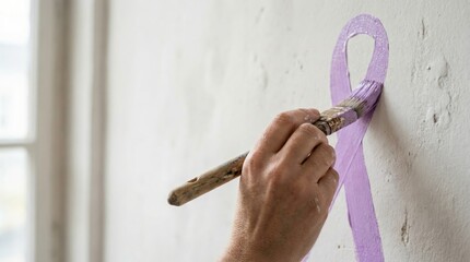 Close up of human hand painting purple ribbon on white wall with brush