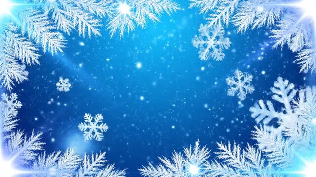 Abstract winter scene with snowflakes and decorative elements on blue background