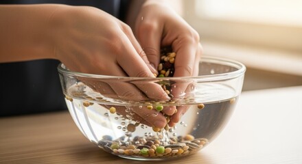 Close medium shot of hands soaking seeds in water before planting to accelerate sprouting and improve overall growth success.