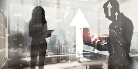 Business intelligence dashboard and arrows up, key performance indicators on a virtual screen computer interface