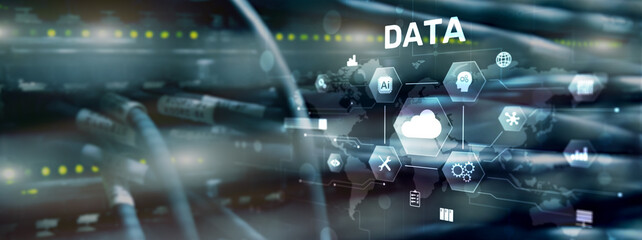 Cloud server and computing, data storage and processing on server background