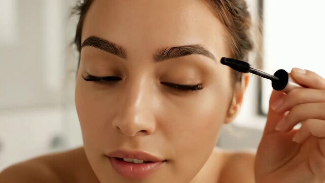 A beautiful young woman applies mascara to her eyelashes in a close up beauty shot.