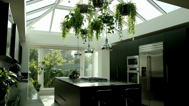 A stunning modern kitchen with a large glass skylight, hanging plants, and sleek dark cabinetry, bathed in bright natural sunlight.