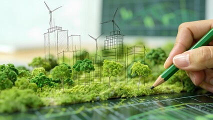 Businessman planning environmental protection initiative for clean and sustainable future ecology, ESG environmental social governance display on paper chart in eco-friendly company