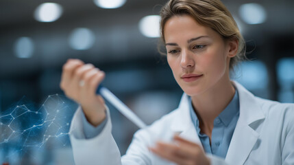 A researcher pipetting micro-droplets onto a glass slide while digital overlays map molecular bindings, showcasing next-generation pharmaceutical engineering. cinematic color correction, natural