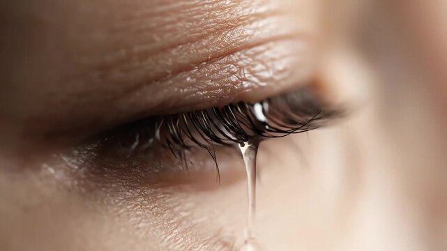 Close-up of a human eye with a tear drop on the eyelashes, representing profound sadness and emotional vulnerability concept