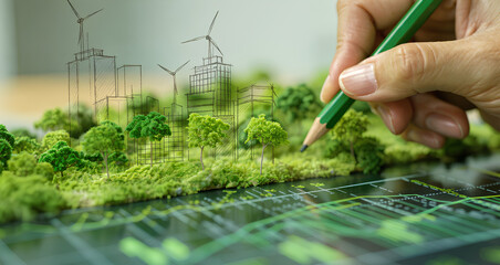 Businessman Planning Environmental Protection Initiative for Clean and Sustainable Future, ESG Environmental Social Governance Strategy on Eco-Friendly Company Charts