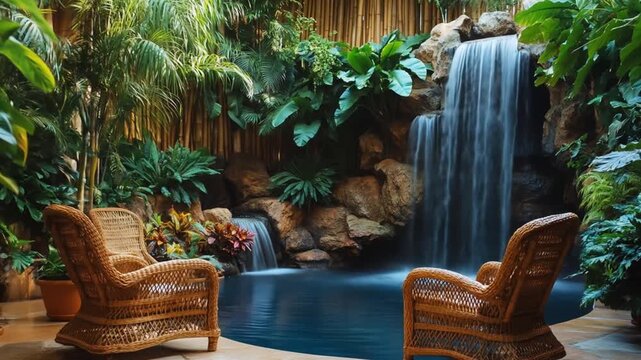 Lush indoor pool area with rock waterfall, dense greenery, & two wicker armchairs