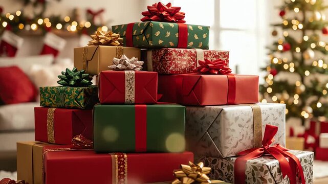 A festive pile of beautifully wrapped Christmas presents in a cozy living room with a decorated tree
