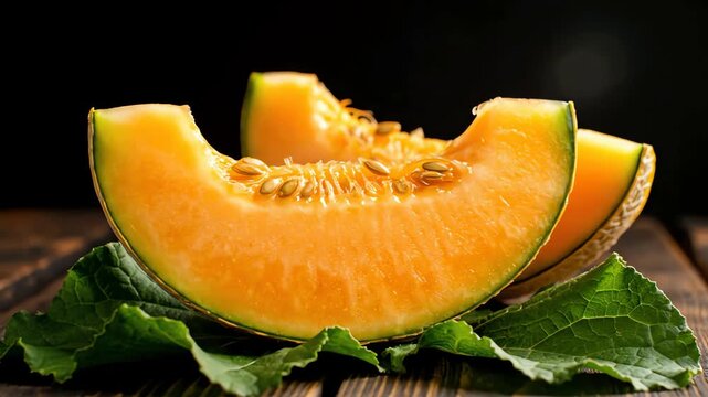 Juicy Ripe Cantaloupe Melon Slices with Green Leaves on a Rustic Wood Surface