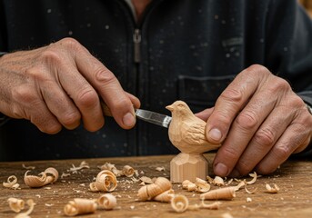 Craftsman's hands carefully chiseling a charming wooden bird