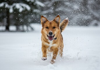 Happy Dog Splashing Through Fresh Snow in Winter Forest
