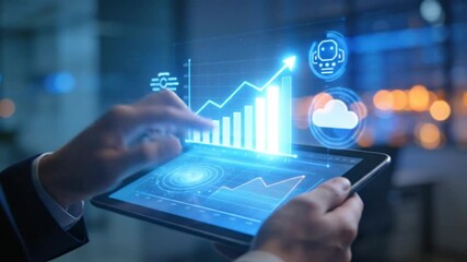 Close up of businessman analyzing glowing financial graph and data display on a futuristic tablet device