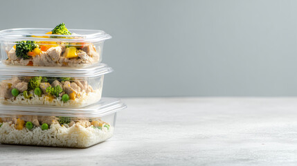 Healthy meal prep in clear containers stacked for the week