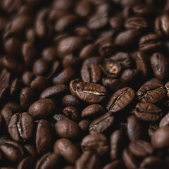 Roasted coffee beans close up showing dark brown color and texture for caffeine rich drink ingredient
