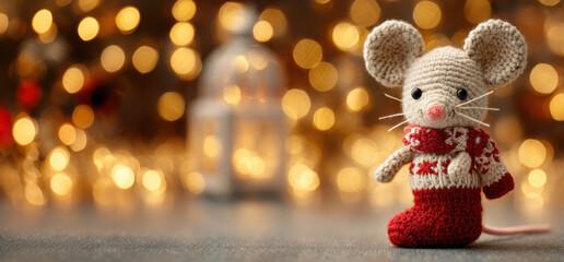 Adorable crocheted Christmas mouse brings festive charm against a warm glowing light backdrop..Use for gift shop visuals, Christmas market posters, or cozy holiday greeting card designs.