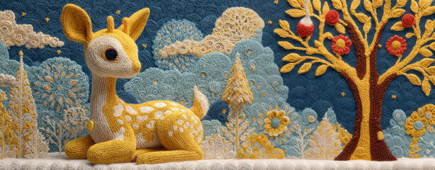 Whimsical yellow deer lies peacefully in a fantastical embroidered forest with floral and celestial swirls..Perfect for children's books, nursery decor, or creative storytelling campaigns.