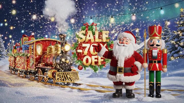 Festive holiday scene with a toy train santa claus and a nutcracker