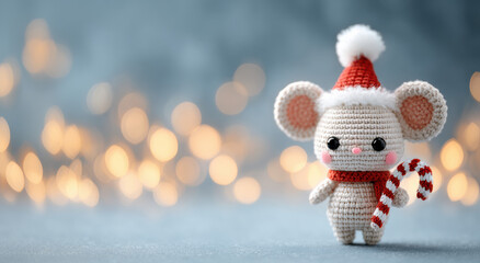 Minimalist crochet mouse in Santa hat holding candy cane, glowing softly in a magical holiday blur..Perfect for product listings, Christmas cards, or minimalist seasonal branding.