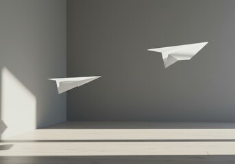 Minimalist Interior with Floating Paper Airplanes and Shadows