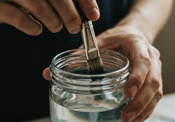 Artist's Hands Rinse Paintbrush in Water Jar, Creative Process