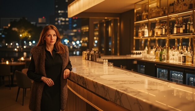 Realistic portrait of a model standing beside a marble restaurant bar at night, golden ambient lighting, luxury nightlife atmosphere, soft reflections and warm tones
