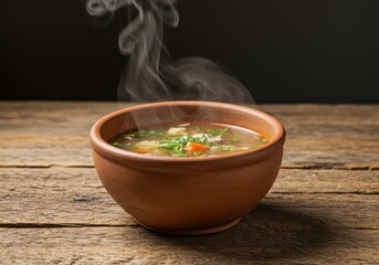 A Rustic Clay Bowl of Steaming Hot Soup on a Wooden Table