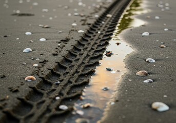 Tire track on dark sandy beach with seashells, golden water reflections