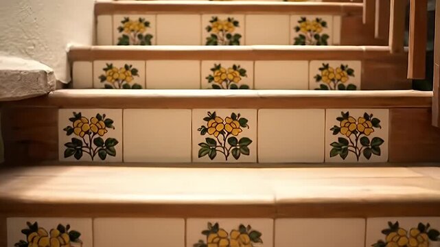 Staircase Decor: Repeating Ceramic Tiles Featuring Yellow Flower Bouquets on Risers